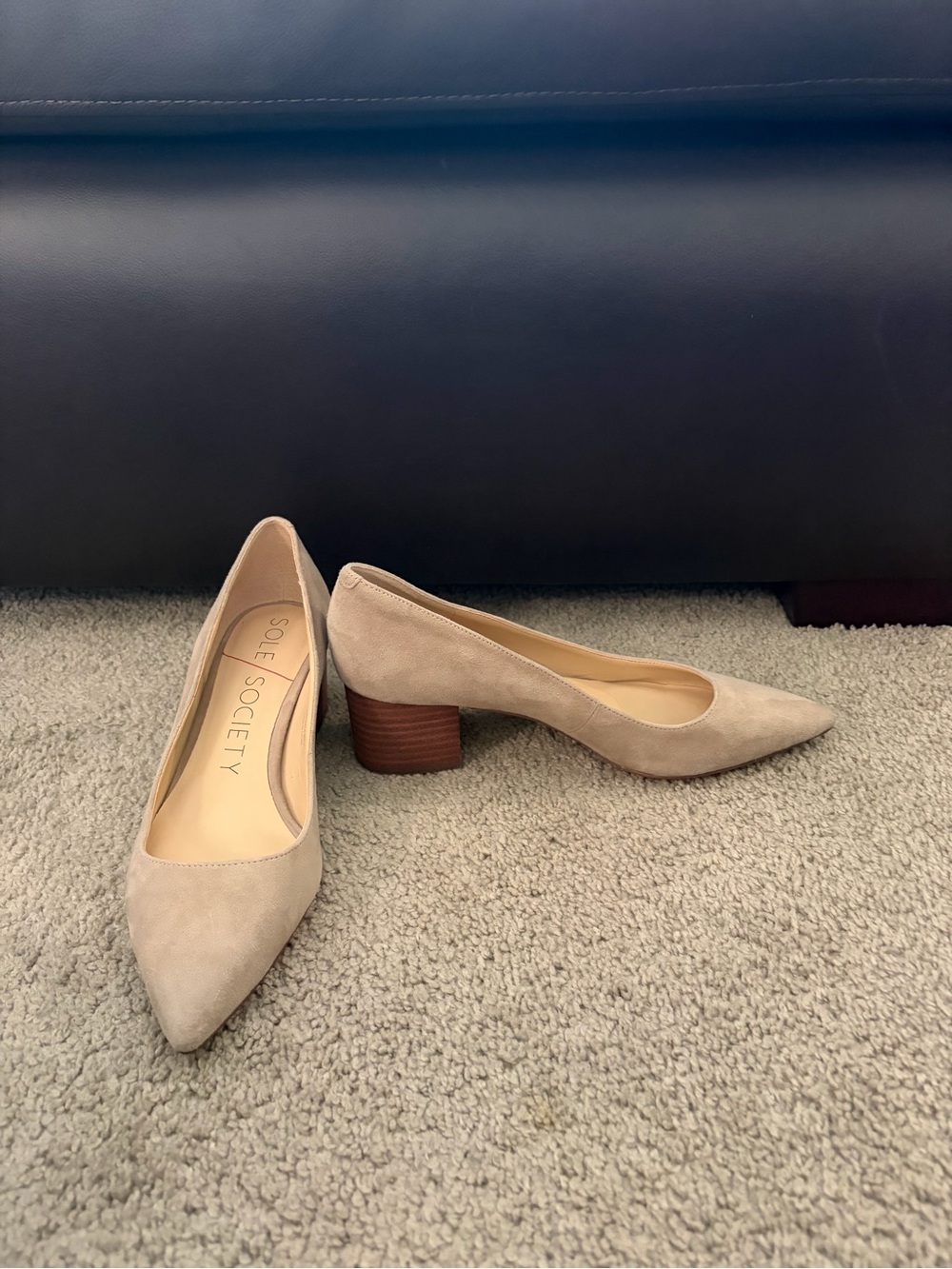 Sole Society Taupe Suede Pointed Toe Mid Block Heel Pumps